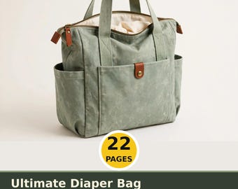 May include: A sage green tote bag with two top handles, a zippered main compartment, and an exterior front pocket secured with a brown leather-like tab and metal snap. The bag features side pockets and a light-colored interior lining.