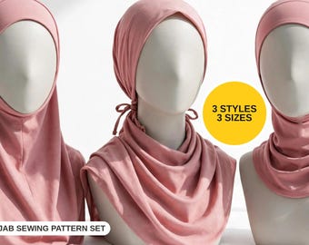 Hijab-Schnittmuster | Sofort-Hijab-Set, 3 Modelle: Schlupf-Hijab, Sport-Hijab mit Bindebändern + Unterhaube, Größen S/M/L, Jersey + Chiffon | PDF-Download