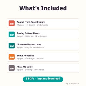 Pode incluir: Uma lista de documentos digitais intitulada What's Included apresentando cinco se&ccedil;&otilde;es PDF: Animal Front-Panel Designs com 12 p&aacute;ginas, Sewing Pattern Pieces com 6 p&aacute;ginas, Illustrated Instructions com 9 p&aacute;ginas, Bonus Printables com 3 p&aacute;ginas e um guia READ-ME de 2 p&aacute;ginas.