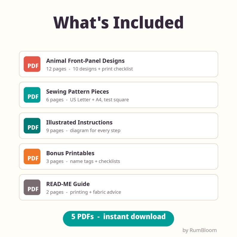 Pode incluir: Uma lista de documentos digitais intitulada What's Included apresentando cinco se&ccedil;&otilde;es PDF: Animal Front-Panel Designs com 12 p&aacute;ginas, Sewing Pattern Pieces com 6 p&aacute;ginas, Illustrated Instructions com 9 p&aacute;ginas, Bonus Printables com 3 p&aacute;ginas e um guia READ-ME de 2 p&aacute;ginas.