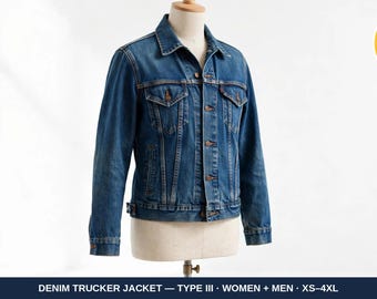 Denim Jacket Sewing Pattern | Type III Trucker Jacket Women + Men, 16 Sizes XS-4XL, Flat-Fell Seams + Tack Buttons | Instant Download PDF