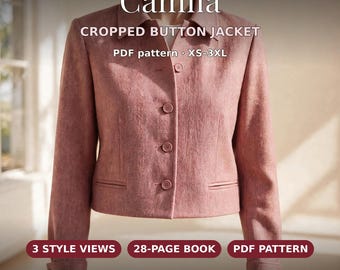 May include: A dusty rose cropped button jacket with a collar, long sleeves, and welt pockets. Text reads: Camila, CROPPED BUTTON JACKET, PDF pattern XS-3XL, 3 STYLE VIEWS, 28-PAGE BOOK, PDF PATTERN, 5 buttons, welt pockets, fully lined, by RumBloom.