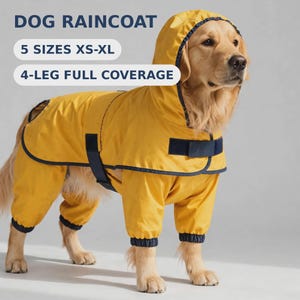 Könnte beinhalten: Ein gelber Hunde-Regenmantel mit dunkelblauem Saum und Kapuze, mit dem Text DOG RAINCOAT, 5 SIZES XS-XL und 4-LEG FULL COVERAGE. Das Kleidungsstück bedeckt den Rumpf und alle vier Beine und verfügt über elastische Bündchen und einen Klettverschluss.