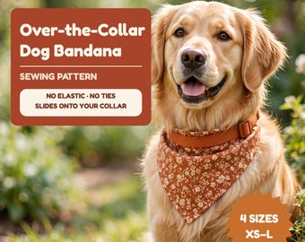 Könnte beinhalten: Ein Schnittmuster für ein über das Halsband zu ziehendes Hundehalstuch aus rostfarbenem Stoff mit kleinem weißen Blumenmuster. Der Text lautet Over-the-Collar Dog Bandana, SEWING PATTERN, NO ELASTIC NO TIES SLIDES ONTO YOUR COLLAR, 4 SIZES XS-L.