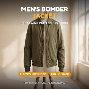 Mens Bomber Jacket Sewing Pattern, Zip Up Jacket PDF Pattern XS-XXXL, Shirt Collar Bomber with Welt Pockets, Ribbed Cuffs
