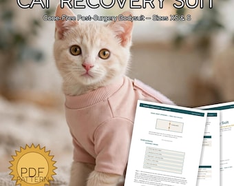 May include: A light pink cat recovery suit worn by a light-colored cat. The text reads CAT RECOVERY SUIT, Cone-Free Post-Surgery Bodysuit - Sizes XS & S, PDF PATTERN, and by RumBloom. A document with assembly instructions is visible.