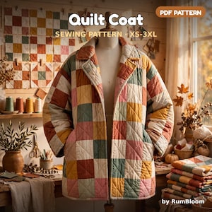 May include: A quilt coat sewing pattern in sizes XS-3XL, featuring a patchwork design of square fabric blocks in muted tones of pink, yellow, green, and orange. The coat has a notched collar, long sleeves, and two front pockets.