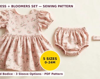 May include: A sewing pattern for a baby dress and bloomers set, featuring a light pink fabric with a small floral print. The set includes a dress with puff sleeves, matching bloomers, and a headband. Text reads: BABY DRESS + BLOOMERS SET — SEWING PATTERN, 5 SIZES 0-24M, Fully Lined Bodice · 3 Sleeve Options · PDF Pattern.