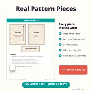 Pode incluir: Um documento de molde de costura digital intitulado Real Pattern Pieces para uma mochila de crian&ccedil;a pequena. Exibe modelos retangulares para o corpo da bolsa, forro e canal de cord&atilde;o com dimens&otilde;es de 28 por 36 cm, um quadrado de teste de 2,5 cm e instru&ccedil;&otilde;es.