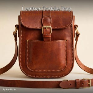 May include: A brown leather saddle bag featuring a front pocket, a flap closure with a brass buckle, and an adjustable shoulder strap. The text "Leather Saddle Bag" is printed at the top, and "by RumBloom" is at the bottom left.