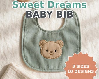 May include: A sage green baby bib featuring a central beige bear face appliqué with embroidered details. Text reads: PDF SEWING PATTERN Sweet Dreams BABY BIB, 3 SIZES 10 DESIGNS, and by RumBloom. A wooden ring and white fabric are visible.