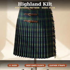 Peut inclure: Un patron de couture PDF pour kilt écossais, tailles 36-56. Le kilt présente un motif tartan vert et bleu marine avec des plis profonds, trois lanières en cuir marron à boucles dorées et un bord frangé sur le côté.