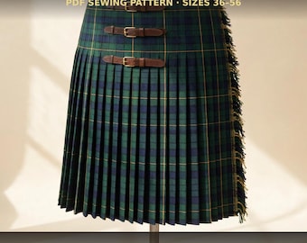 Pode incluir: Um molde de costura PDF para kilt, tamanhos 36-56. O kilt apresenta um padrão xadrez verde e azul-marinho com pregas profundas, três tiras de couro castanho com fivelas douradas e uma borda com franjas na lateral.
