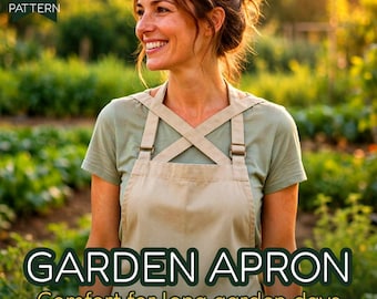 May include: A beige apron featuring a cross-back strap design with metal adjusters, worn over a light green t-shirt. The image includes text that reads PDF SEWING PATTERN, GARDEN APRON, Comfort for long garden days, by RumBloom.