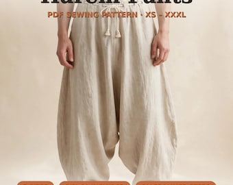 May include: Beige harem pants with a drawstring waist and tassels. The text reads: Harem Pants, PDF SEWING PATTERN, XS - XXXL, 7 SIZES, 5/8" SA INCLUDED, DIAGRAMMED STEPS. The pants feature a loose, wide-leg fit with a dropped crotch design.