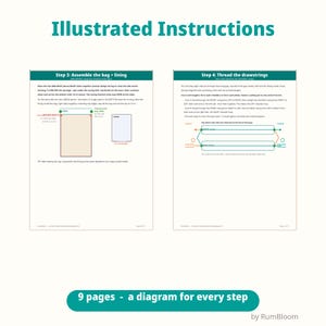 Pode incluir: Instru&ccedil;&otilde;es ilustradas para um projeto de costura, com duas p&aacute;ginas intituladas Step 3: Assemble the bag + lining e Step 4: Thread the drawstrings. O documento inclui diagramas, texto e medidas em polegadas para montar uma mochila de cord&atilde;o.