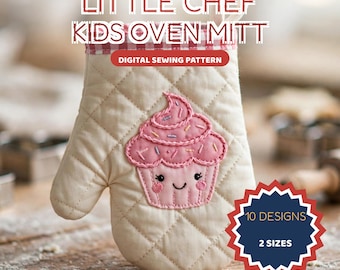 May include: A cream-colored quilted oven mitt featuring a pink cupcake appliqué with a smiling face and sprinkles. The text reads LITTLE CHEF KIDS OVEN MITT, DIGITAL SEWING PATTERN, 10 DESIGNS, 2 SIZES, and by RumBloom.