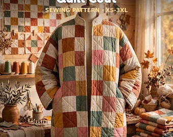 May include: A quilted coat featuring a multi-colored patchwork design with squares in shades of muted pink, yellow, green, and rust. The coat has a stand-up collar and long sleeves. Text on the image reads: Quilt Coat SEWING PATTERN XS-3XL.