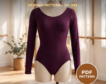 May include: A long-sleeve, deep purple leotard displayed on a mannequin. The text Studio Leotard SEWING PATTERN XS-3XL is visible at the top, and a brown circular badge with the text PDF PATTERN by RumBloom is in the bottom right corner.