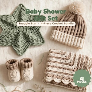 Baby Shower Gift Set Crochet Pattern, Star Lovey Beanie Booties Blanket PDF, 0-12 Months Newborn Gift Crochet Pattern