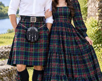 Matchande skotsk tartan-paroutfit, herrkilt med vit skjorta och tartan-maxiklänning för kvinnor, keltiska bröllopskläder