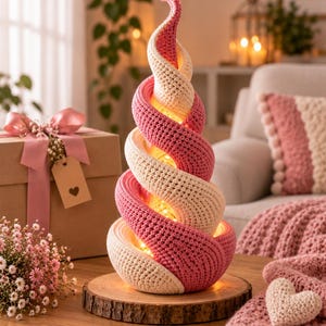Op de afbeelding: Een spiraalvormige decoratieve lamp met afwisselende banden van crème en roze gehaakt garen. De structuur wordt van binnenuit verlicht, werpt een warme gloed door het textuurrijke breipatroon en staat op een ronde houten voet.