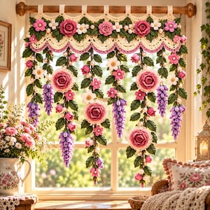 May include: A decorative crochet window valance featuring intricate floral patterns with pink roses, white blossoms, and purple wisteria-like clusters. The design includes green crocheted leaves and white pearl-like beads suspended on a wooden rod.