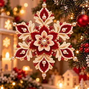 May include: A six-pointed star-shaped Christmas ornament featuring intricate crochet work in deep red and cream thread. The design is embellished with glossy white faux pearls and small red beads, suspended by a red cord for hanging on a tree.