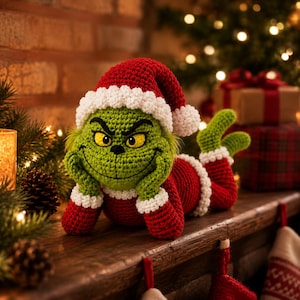 Peut inclure: Une poupée crochetée représentant une créature verte aux yeux jaunes et à l'expression malicieuse, portant un bonnet de Père Noël rouge et blanc ainsi qu'une tenue assortie à manches longues. La poupée est allongée sur le ventre.