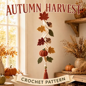 May include: A hanging crochet decoration featuring a spiral cream-colored cord adorned with various autumn-themed elements including maple leaves in red, yellow, and orange, brown acorns, and a small orange pumpkin, finished with a tassel and beads.