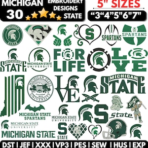 May include: A collection of 30 Michigan State University embroidery designs in green and white. The image displays various logos, text, and Spartan helmet icons, with text indicating 5 inch sizes and file formats including DST, JEF, XXX, VP3, PES, SEW, HUS, and EXP.