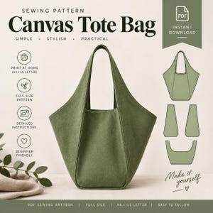 May include: A digital sewing pattern for a sage green canvas tote bag. The image displays the finished bag, technical line drawings of the pattern pieces, and text including "Sewing Pattern Canvas Tote Bag" and "PDF Instant Download."