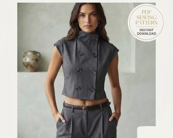 PDF Sewing Pattern - High-Neck Double-Breasted Crop Vest, Modern Asymmetric Tailored Waistcoat Digital Download