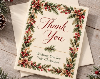 Christmas Thank You Cards with Envelopes, Vintage Holiday Thank You Notes, A2 Folded Watercolor Card Set,Blank Inside