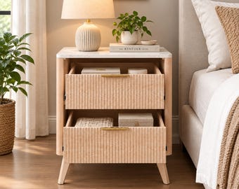 Mid-Century Fluted Wood Nightstand: Open Drawers, Marble Top Storage Cabinet