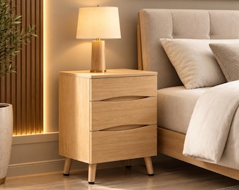 Natural Wood Bedside Table with Wooden Top, Three-Drawer Nightstand, and Contemporary Storage End Table for Bedroom, Living Room, and Office