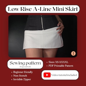 May include: A low rise A-line mini skirt with a white fabric featuring a small black polka dot pattern. The skirt is paired with a dark gray top featuring a central silver zipper. Text on the image includes Low Rise A-Line Mini Skirt, Sewing pattern, ifcupcouldwalk, Sizes: XS-XXXXL, PDF Printable Pattern, Beginner friendly, Non-Stretch, Invisible Zipper, and Video tutorial included.
