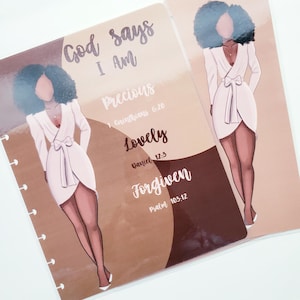 May include: Two planner inserts with illustrations of a woman in a white dress. The text "God says I Am Precious, Lovely, Forgiven" is written on one insert. The inserts have a light brown and white color scheme.