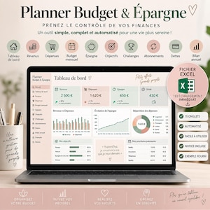 Peut inclure: Un écran d'ordinateur affichant un planificateur de budget et d'épargne numérique. Le tableau de bord présente des graphiques financiers, le suivi des dépenses et des objectifs d'épargne avec des icônes pour les revenus, les dettes et les abonnements, dans des tons rose et vert.
