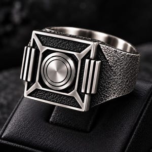 Op de afbeelding: Een zilverkleurige ring met een vierkant voorvlak met een getextureerde, donkere achtergrond en een centraal cirkelvormig element. De band heeft een ruwe, gehamerde afwerking en de vierkante zetting is aan weerszijden geflankeerd door drie verticale staven.
