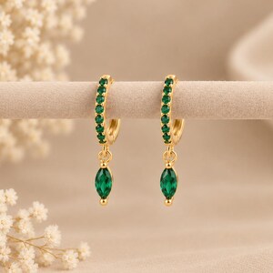 Emerald Hoop Earrings • Huggie Birthstone Earrings • Elegant Green Gemstone Jewelry • Anniversary Gift