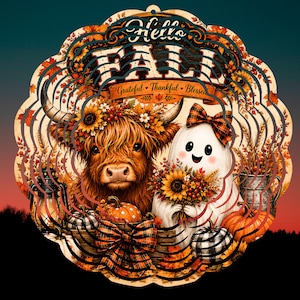 May include: A circular metal wind spinner featuring a Highland cow and a ghost holding sunflowers. The design includes the text Hello FALL and Grateful Thankful Blessed, surrounded by pumpkins, plaid bows, and autumn leaves in orange and brown.