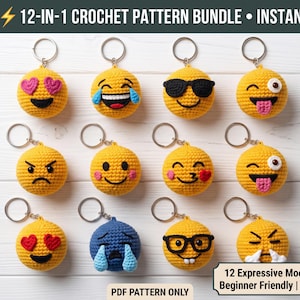 May include: A collection of twelve round, crocheted emoji keychains featuring various facial expressions, including hearts, tears, sunglasses, and glasses. The text at the top reads 12-IN-1 CROCHET PATTERN BUNDLE • INSTANT PDF and at the bottom 12 Expressive Mood Faces Beginner Friendly | US Terms.