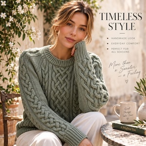 Könnte beinhalten: Ein langärmeliger Pullover in Salbeigrün mit einem markanten Zopfstrickmuster, einem gerippten Rundhalsausschnitt und gerippten Bündchen. Der Text auf dem Bild lautet: TIMELESS STYLE, HANDMADE LOOK, EVERYDAY COMFORT, PERFECT FOR ALL SEASONS, More than a Sweater - a Feeling.