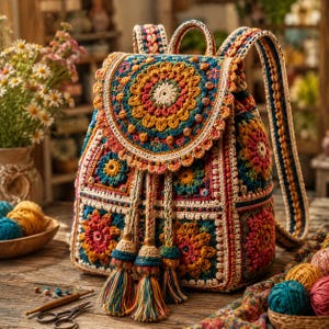 Peut inclure: Un sac à dos en crochet multicolore doté d'un grand rabat circulaire en mandala, de motifs floraux carrés et d'une fermeture à cordon avec trois pompons décoratifs en fil. Le sac est composé de diverses nuances de fil, dont jaune, bleu sarcelle, rouge et crème.