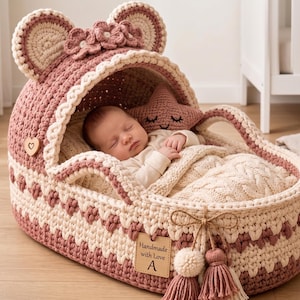 May include: A crochet baby bassinet in dusty rose and cream featuring a hood with bear ears and three small flowers. A sleeping infant rests inside on a cream cable-knit blanket next to a star-shaped pillow. A tag reads Handmade with Love A.