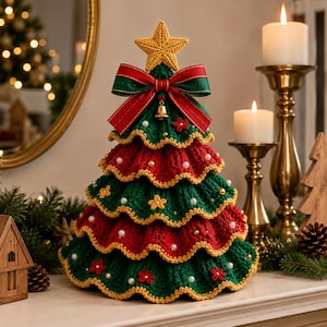 Puede incluir: Un árbol de Navidad decorativo de ganchillo con niveles de volantes alternos en rojo y verde con bordes festoneados amarillos. El árbol está adornado con cuentas de perlas blancas, pequeñas flores rojas, una estrella dorada en la punta y un gran lazo rojo y verde.
