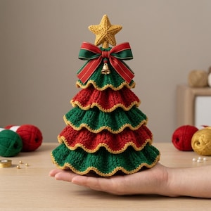 May include: A crocheted Christmas tree decoration featuring alternating ruffled tiers of dark green and red yarn with gold-colored trim. The tree is topped with a yellow crocheted star and adorned with a red and green ribbon bow and a small gold bell.