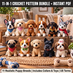 Puede incluir: Una colección de 11 figuras de cachorros de ganchillo de varias razas, incluyendo un bulldog francés, un caniche, un beagle y un husky. Cada cachorro lleva un pequeño collar o bufanda. El texto 11-IN-1 CROCHET PATTERN BUNDLE • INSTANT PDF está en la parte superior.