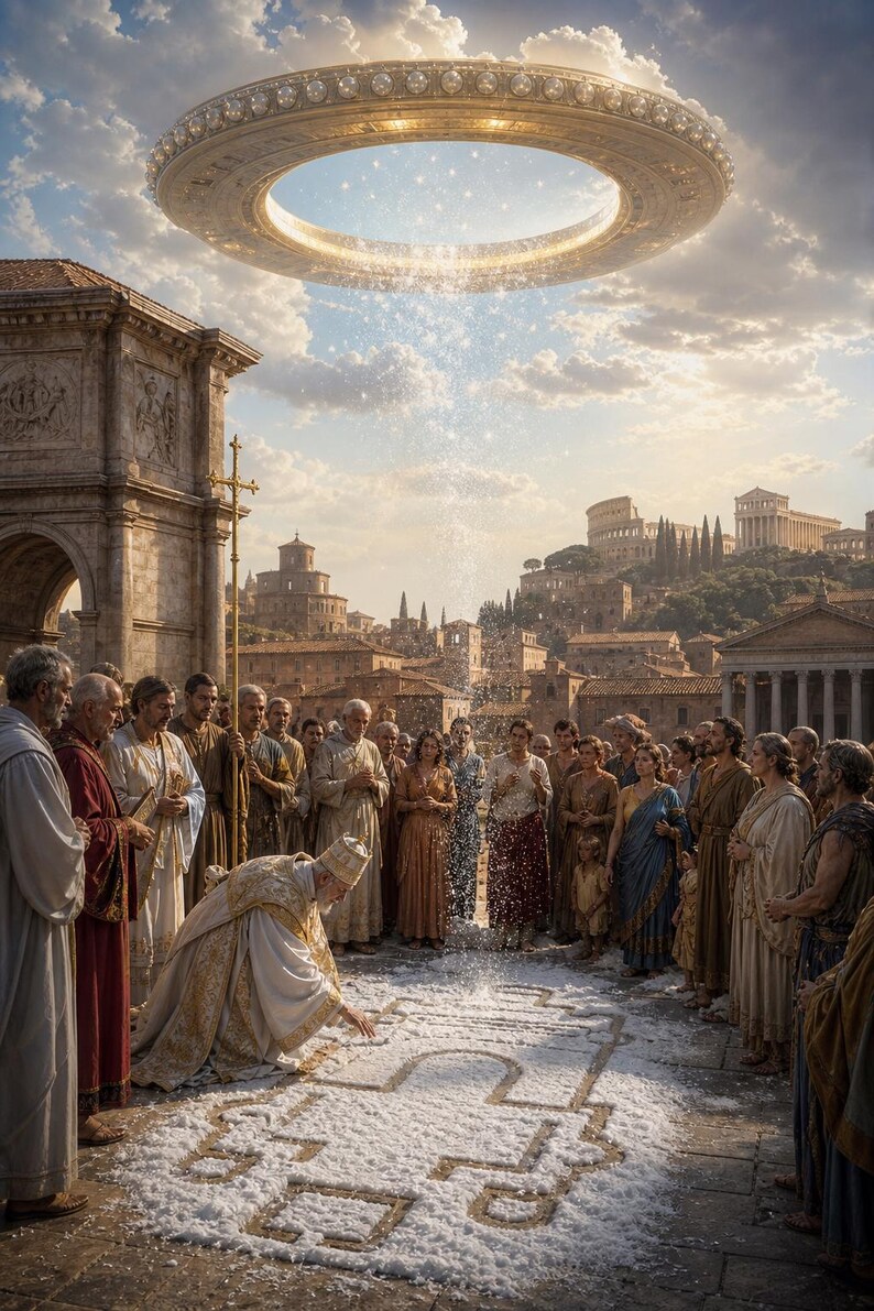 May include: A large golden ring-shaped object floats in the sky above a crowd of people in ancient attire. A figure in white and gold robes kneels on the ground, touching a white powder shaped into a geometric pattern on the stone surface.